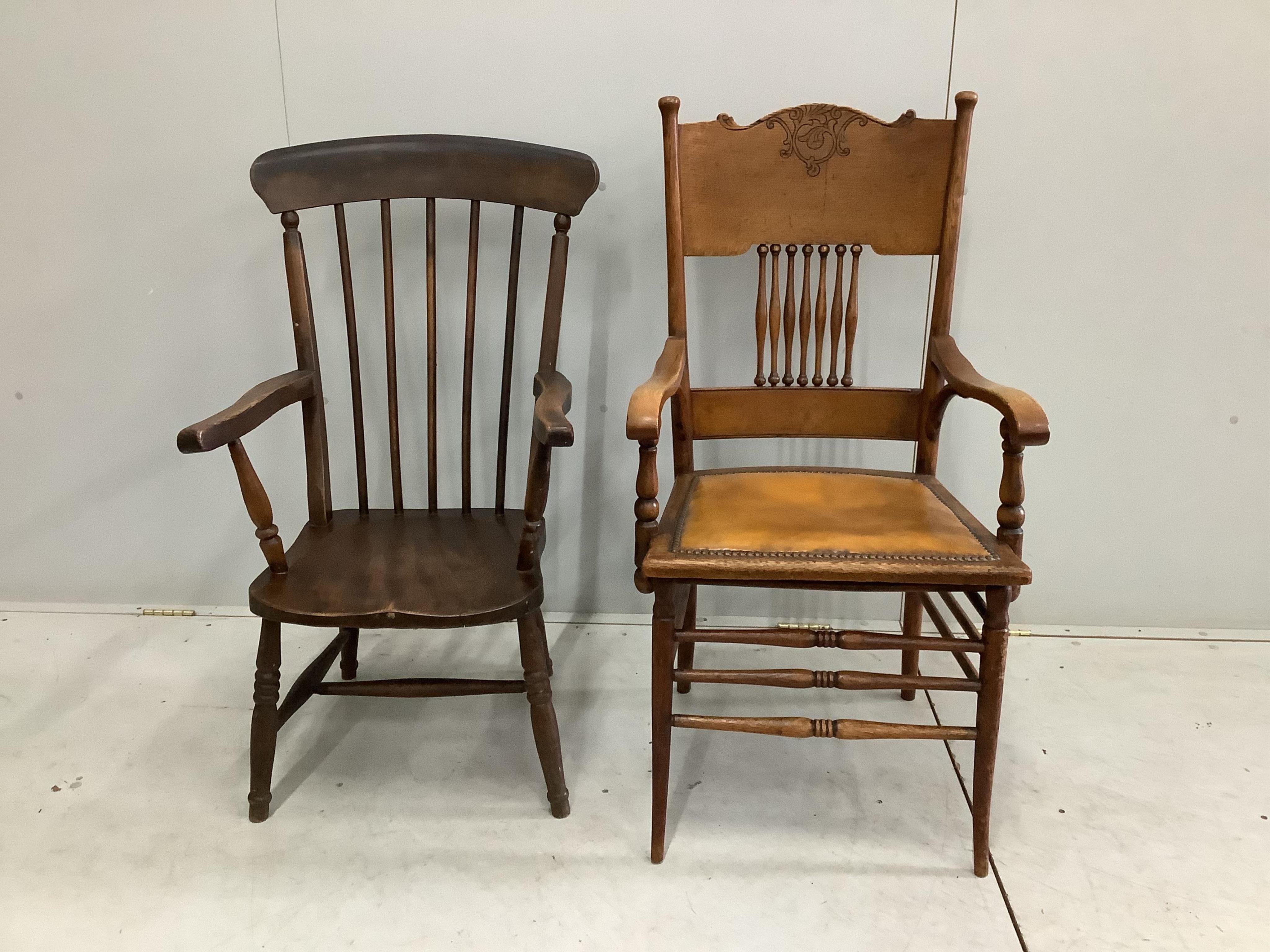 A Victorian Windsor comb back armchair, reduced and an early 20th century American oak elbow chair, larger width 55cm, depth 48cm, height 107cm. Condition - fair